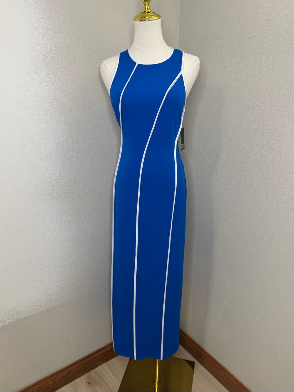 Donna Morgan Blue Iris White Piping Midi Sheath Dress Size 4 NWT